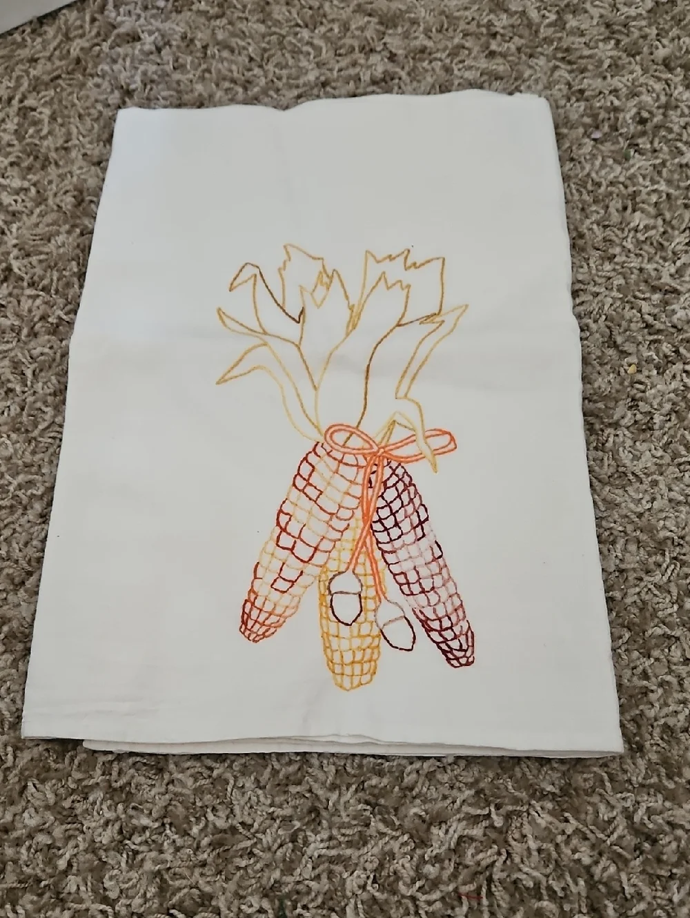 White Hand Towel with Autumn Corn Embroidery